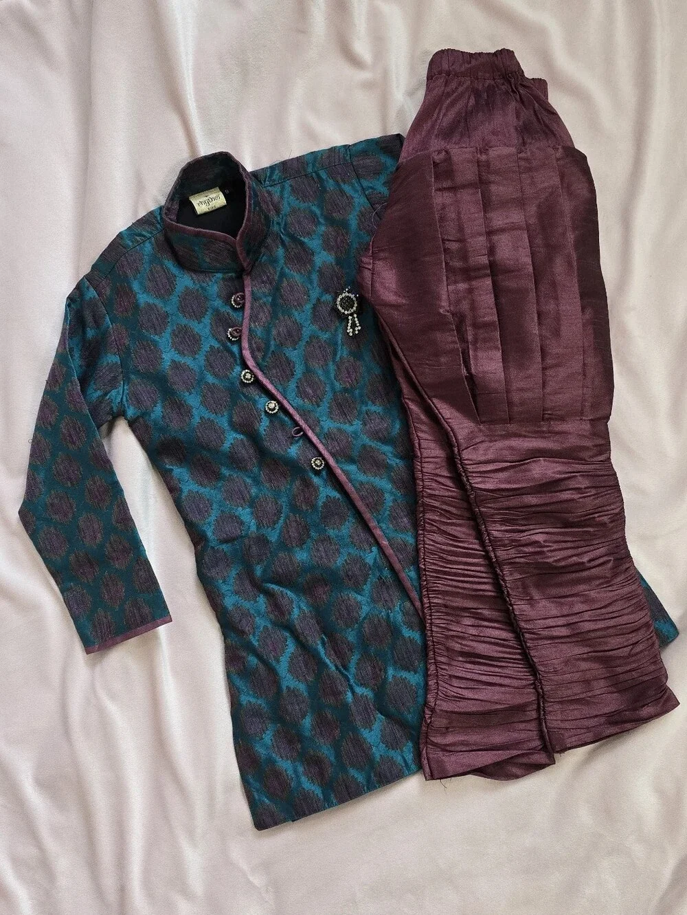 New - Boys Indian Outfit Teal & Plum Pattern